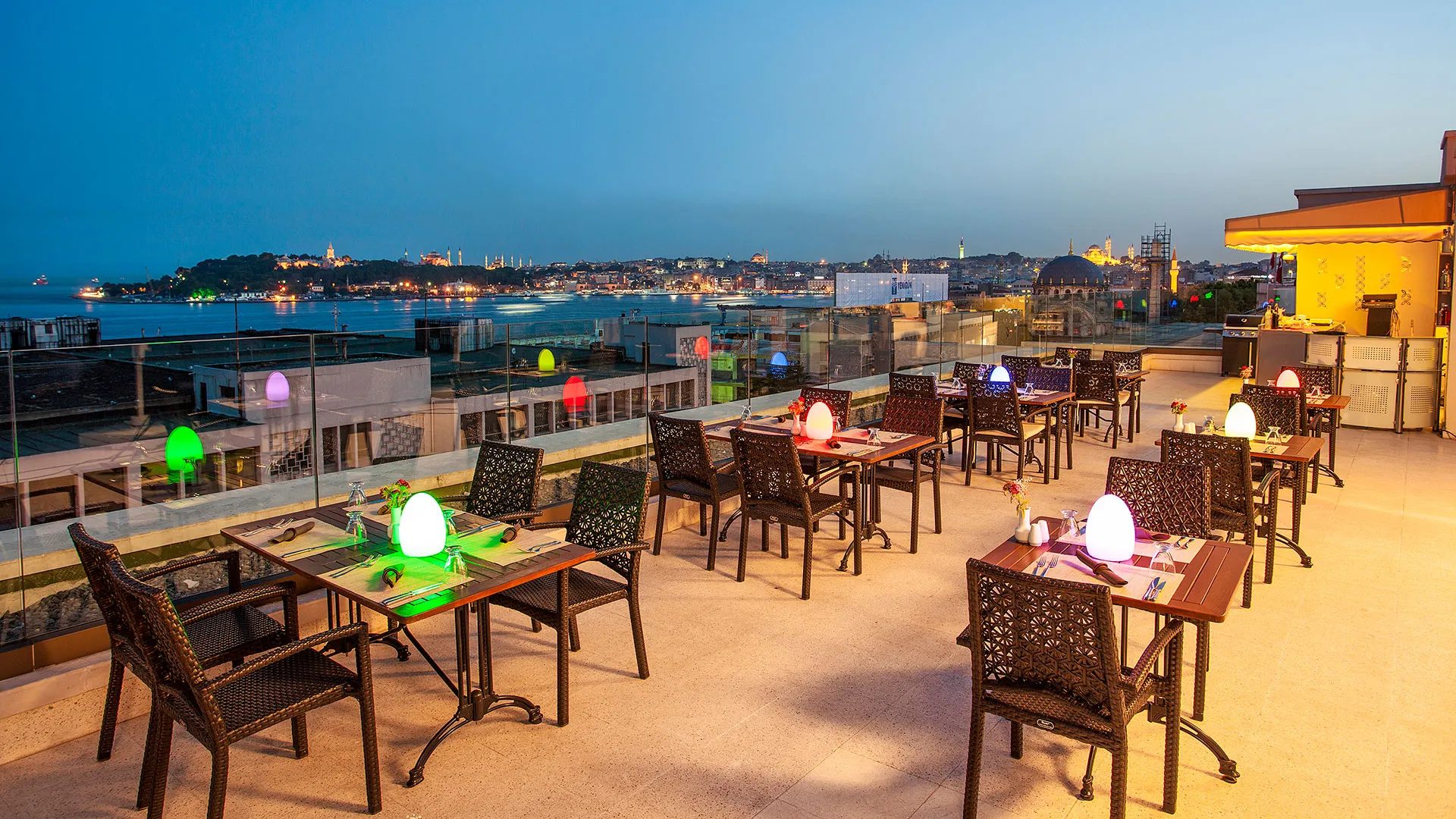 N Teras Bar tables, at dusk
